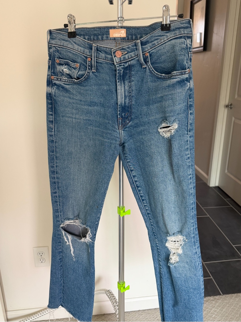 MOTHER Straight Leg Distressed Blue Jeans